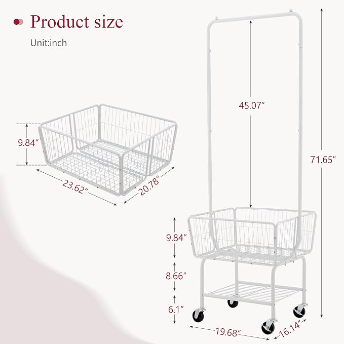 Tajsoon Laundry Cart with Hanging Rack, Metal Laundry Basket with Wheels - Image 6