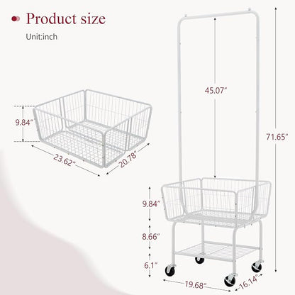 Tajsoon Laundry Cart with Hanging Rack, Metal Laundry Basket with Wheels - Image 6