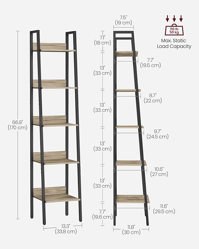 VASAGLE Bookshelf, 5-Tier Narrow Book Shelf, 11.8 x 13.3 x 66.9 Inches - Image 2