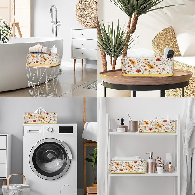 Red Yellow Flowers Bathroom Storage Basket, Foldable - Image 5