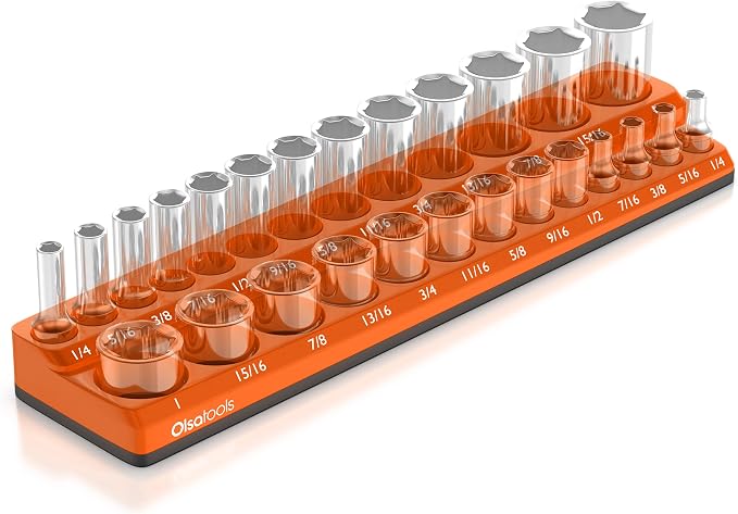 Olsa Tools Magnetic Socket Organizer | 3/8-inch drive | SAE Orange | Holds 26 by OlsaTools