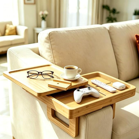 Bamboo Sofa Arm Tray Rotating Tabletop Couch Arm Table | Storage & Phone Holder by ANBOO