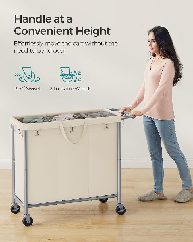 SONGMICS Laundry Basket with Wheels, 3-Section Rolling Laundry Hamper, 52.8 - Image 7
