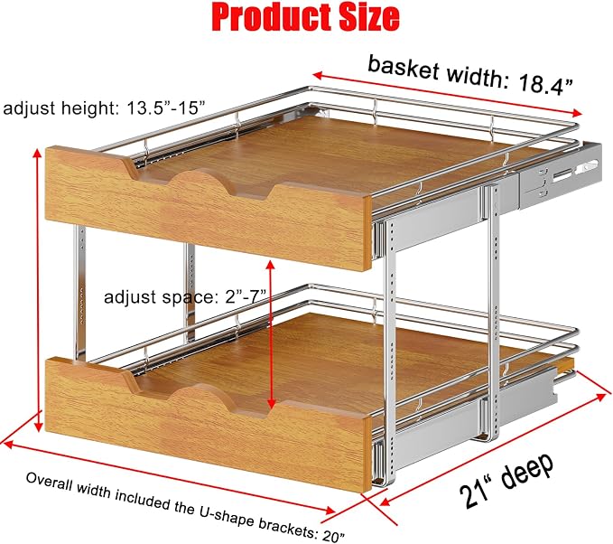 DINDON 2 Tier Pull Out Cabinet Organizer Slide Out Wood Shelf Double Tier - Image 2