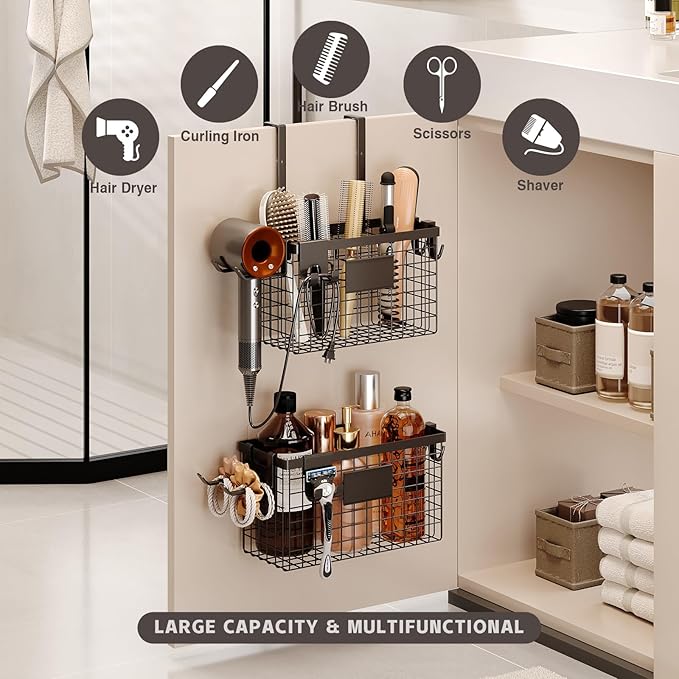 Hair Dryer Holder Cabinet Door 3-in-1 Adhesive Hair Tool Organizer Wall Mounted - Image 3