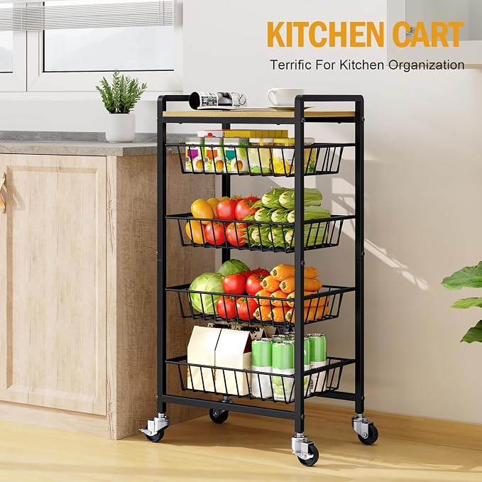 TOOLF 5 Tier Kitchen Storage Cart, Metal Utility Rolling Snack Cart | Wooden - Image 2