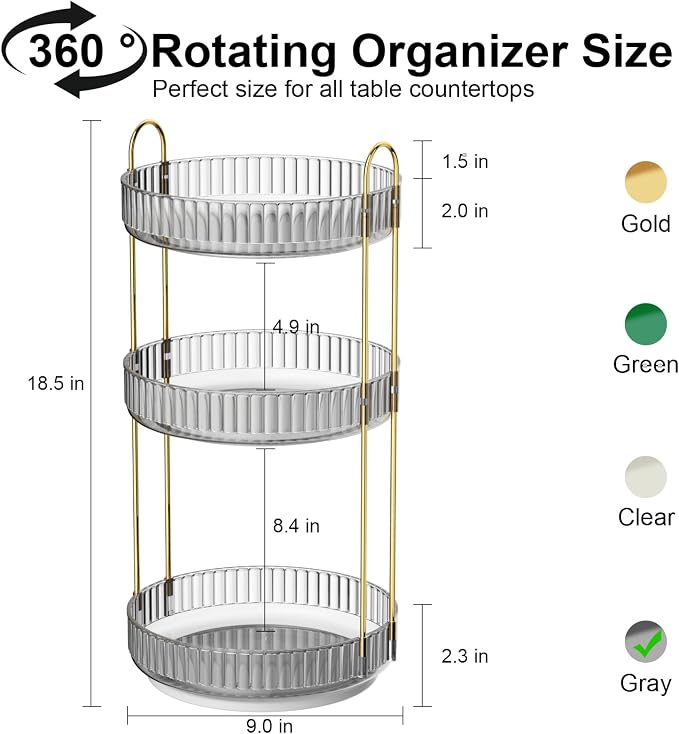 GTI 360°Rotating Makeup Organizer, 3 Tier Large Capacity Perfume Cosmetics - Image 3