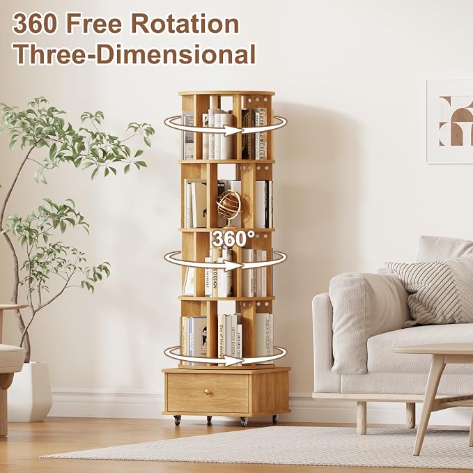 4-Tier Rotating Bookshelf with Drawers on Wheels, 360° Spinning Corner Bookcase - Image 7