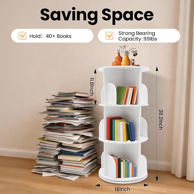 3-Tier Rotating Bookshelf, 360 Display Revolving Bookcase, Stackable Book - Image 3
