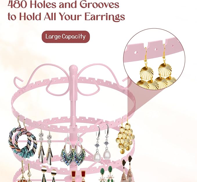MODOWEY 6 Tier Rotating Earring Holder Organizer Stand, Adjustable Metal - Image 3
