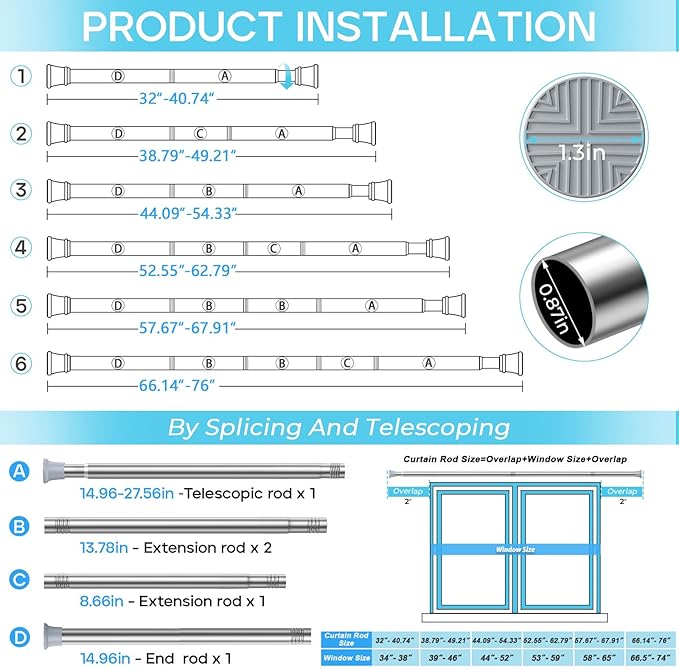 Spring Tension Curtain Rod 32-76 inch, Adjustable Expandable Tension Curtain - Image 3