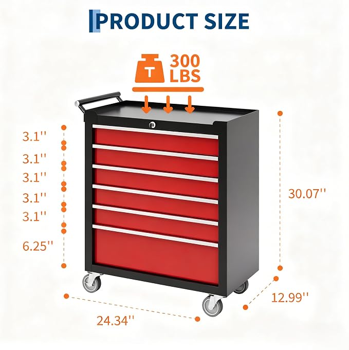 Garvee Rolling Tool Chest, 6 Drawers Tool Storage Cabinet, Toolbox - Image 3