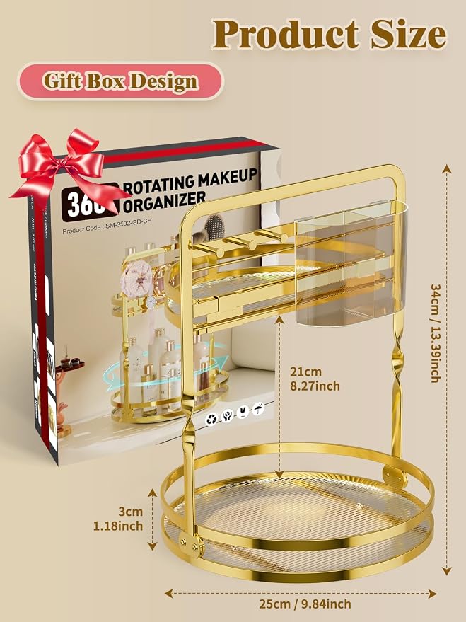 360° Rotating Makeup Organizer for Vanity, 2-Tier Gold Bathroom Organizer - Image 4