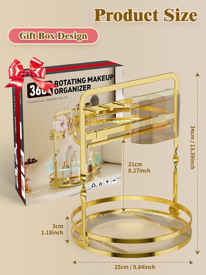 360° Rotating Makeup Organizer for Vanity, 2-Tier Gold Bathroom Organizer - Image 4