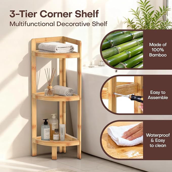 2026 New Bamboo Standing Shelf, 3 Tier Corner Shelf Stand, Free-Standing Shelf - Image 3