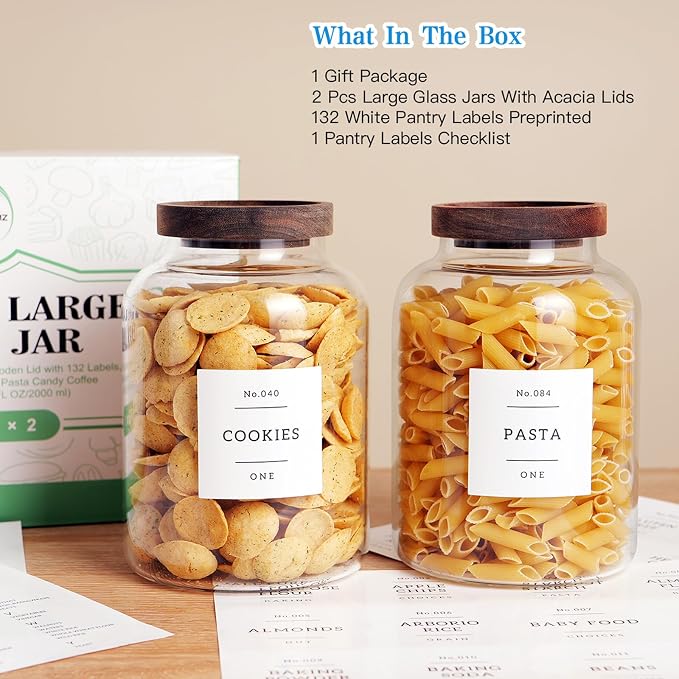 Set Of 2 Large Glass Jar with Wooden Lid with 132 Labels, Glass Storage Jars - Image 5