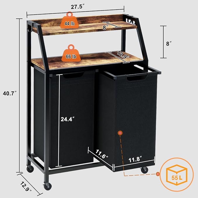 Laundry Hamper, Laundry Sorter 2 Section, Rolling Laundry Basket - Image 6