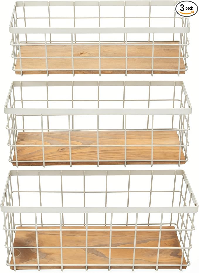 TIEYIPIN Farmhouse Decor Metal Wire Storage Baskets, Wood Base Containers by TIEYIPIN