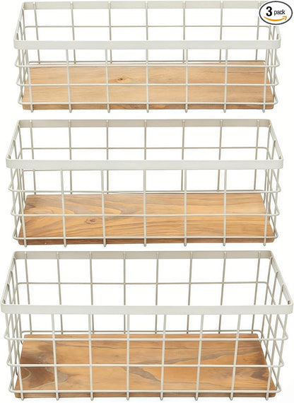 TIEYIPIN Farmhouse Decor Metal Wire Storage Baskets, Wood Base Containers by TIEYIPIN