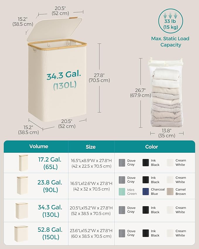 SONGMICS Laundry Hamper with Lid, 2-Section Large Laundry Basket, 34.3-gallon - Image 6