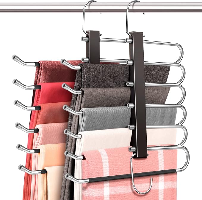 HUITEM 4 Pack 6-Tier Space Saving Pant Hangers, Lightweight, Stainless Steel by HUITEM