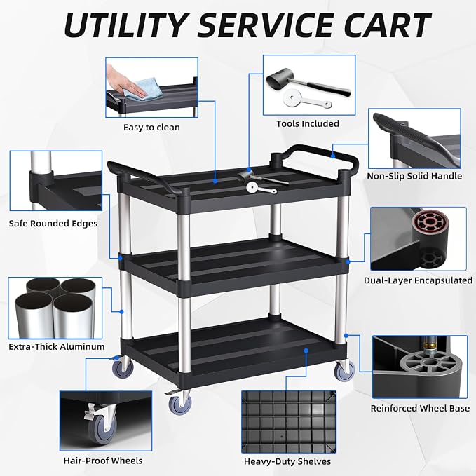 3 Tier Rolling Cart with Hair-Proof Wheels, Plastic Utility Service Cart - Image 8