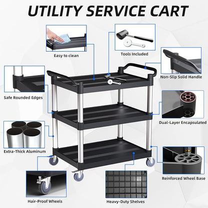 3 Tier Rolling Cart with Hair-Proof Wheels, Plastic Utility Service Cart - Image 8
