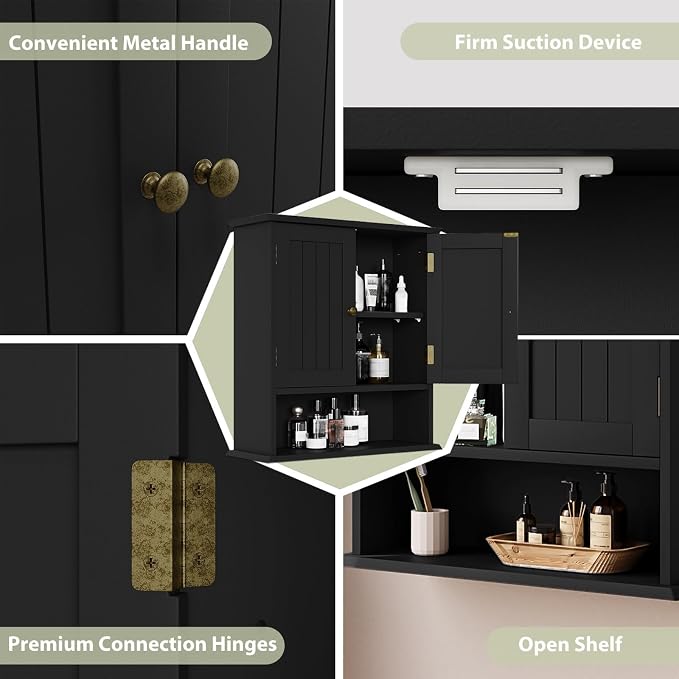 Smuxee Black Wall Cabinet, 2-Door Medicine Cabinet - Image 5