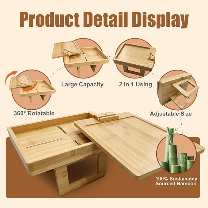 Bamboo Sofa Arm Tray Rotating Tabletop Couch Arm Table | Storage & Phone Holder - Image 4