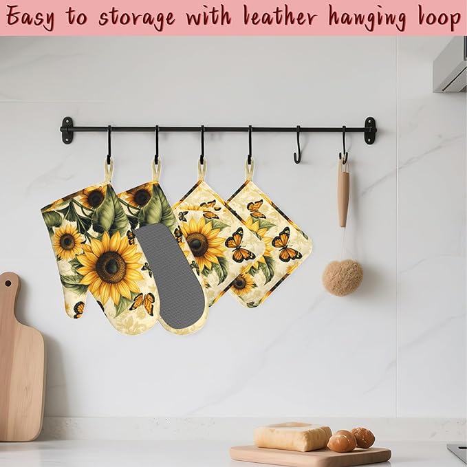 Vintage Sunflower Silicone Oven Mitts and Pot Holders, Butterfly Heat-Resistant - Image 5