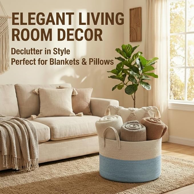 JMvicyroam 65L Extra Large Machine Washable Cotton Rope Blanket Basket | - Image 2