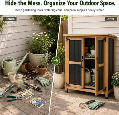 Ketive Outdoor Storage Cabinet, Wood & Metal Small Garden Tool Storage Cabinet - Image 3