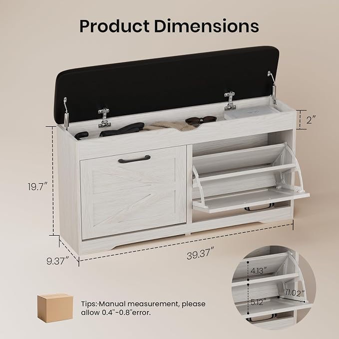 39" Shoe Storage Bench with Seat Cushion, Ash White | 8-Pair Shoe Capacity - Image 2