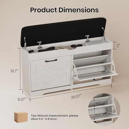 39" Shoe Storage Bench with Seat Cushion, Ash White | 8-Pair Shoe Capacity - Image 2