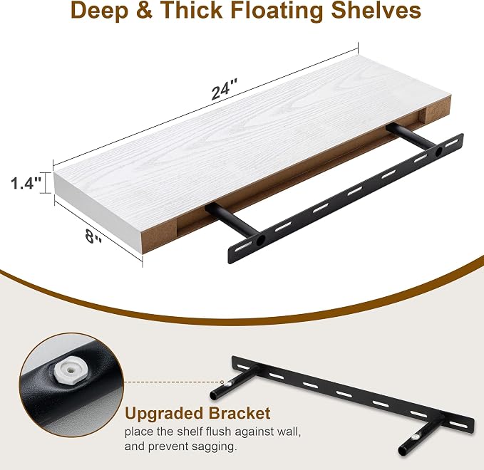 Fun Memories White Floating Shelves, 8 Inch Deep Wall Shelves Set of 2 - Image 3