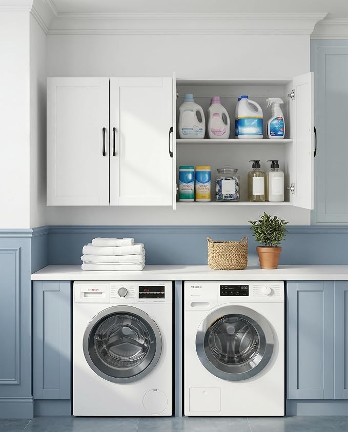 Wall Cabinet with Adjustable Shelves, Laundry Room Cabinet with 4 Doors - Image 2