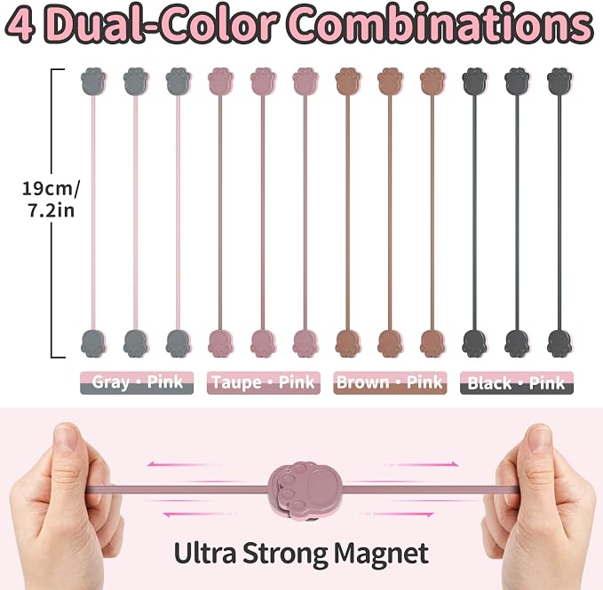 SOOOEC Cute Cat Paw Magnetic Cable Ties – 24 Pack, Reusable Silicone Cord - Image 6