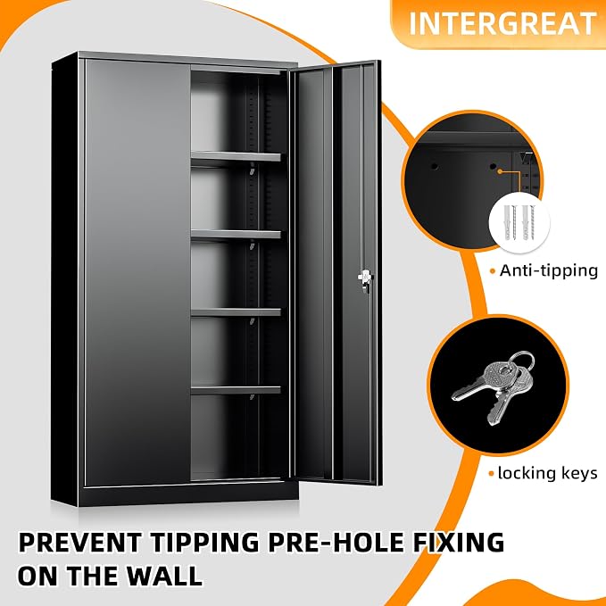 INTERGREAT Black Metal Storage Cabinet Doors, Tall Metal Cabinet Lockable Steel - Image 4