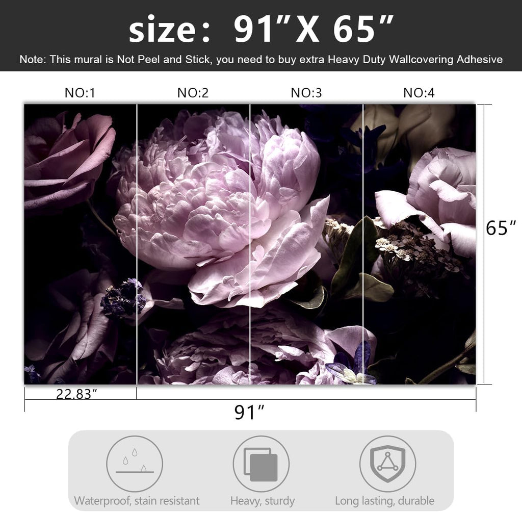 -Black Peony Purple Floral Botanical Fabric Wallpaper Living Room Bedroom Bathroom Dark Flowers Wall Mural- 91"x65"（ not Peel and Stick）