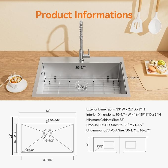33 x 22 Drop-In/Undermount Kitchen Sink, TECASA Single Bowl Kitchen Sink - Image 5