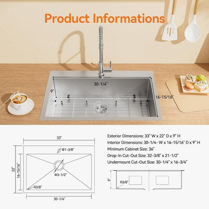 33 x 22 Drop-In/Undermount Kitchen Sink, TECASA Single Bowl Kitchen Sink - Image 5