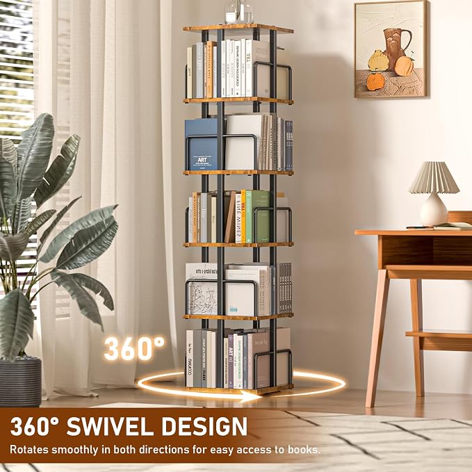5-Tier Rotating Bookshelf, 360° Spinning Corner Bookcase - Image 4