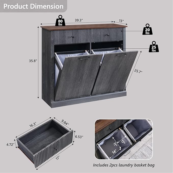 Modern Double Tilt-Out Laundry Hamper Cabinet, 20 Gallon Fluted Trash Can - Image 2