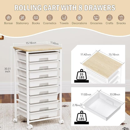 Rolling Cart with 8 Drawers, Storage Drawers Cart with Wooden Tabletop and - Image 2