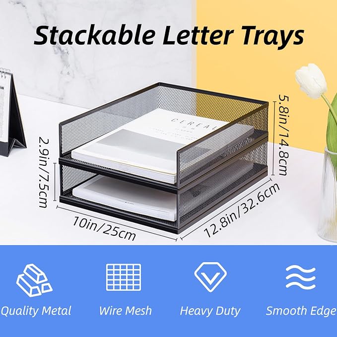 2 Pack Wire Mesh Letter Trays 12.8"x10"x2.9", Stackable Paper Tray Organizer - Image 2