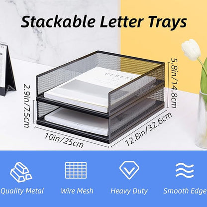 2 Pack Wire Mesh Letter Trays 12.8"x10"x2.9", Stackable Paper Tray Organizer - Image 2