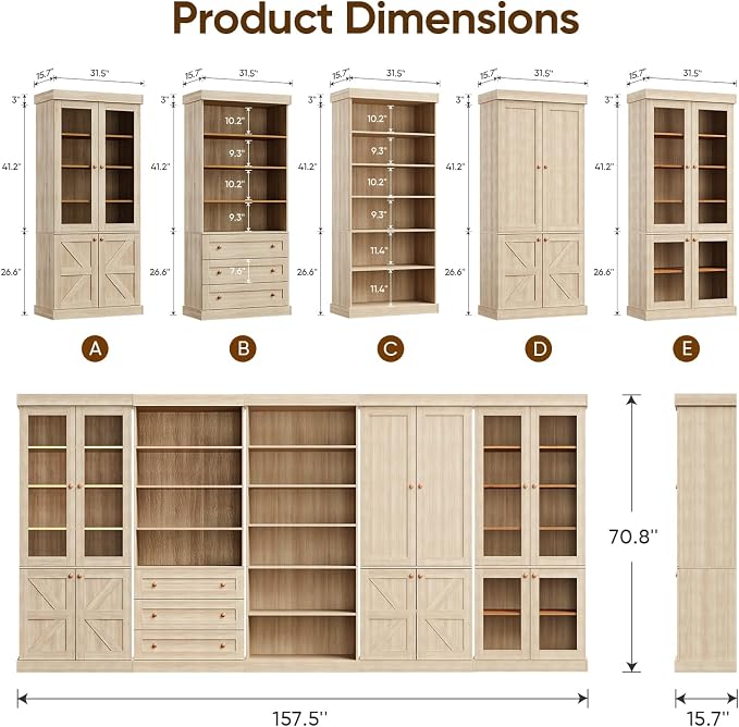 ivaniti 70.8" Bookshelf with Glass Doors, Farmhouse Modular Bookcase with - Image 7