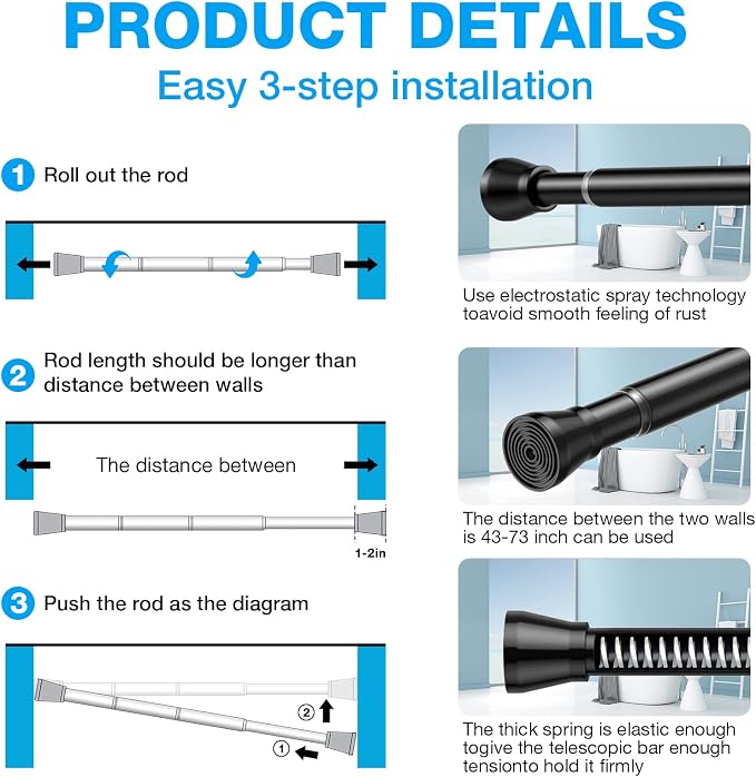 MEXAU 1Pack Spring Tension Curtain Rod 44-77 inch Black Small Tension Rod | - Image 7