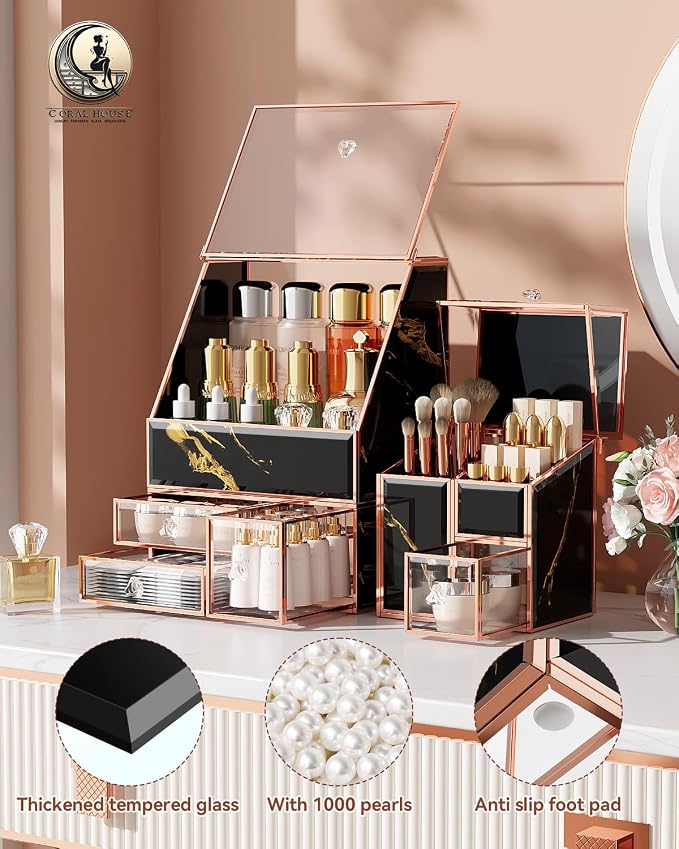 Makeup Organizer Black, Glass Vanity Organizer - Image 2