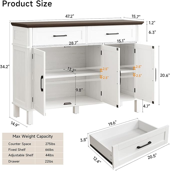 48 Inches Buffet Cabinet with Storage, Farmhouse Sideboard Buffet w/2 Drawers - Image 2